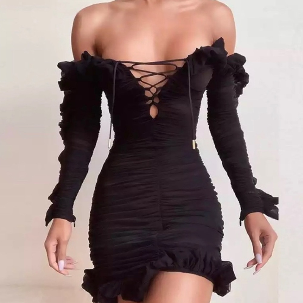 Black Frilled lace Up Dress